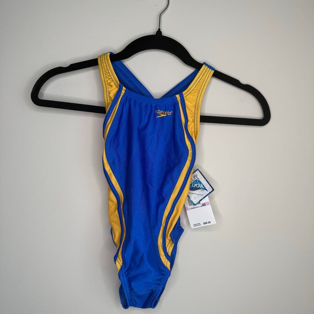 Speedo Quantum Splice Flyback One Piece Swimsuit Girls Youth 22 Blue Gold NWT